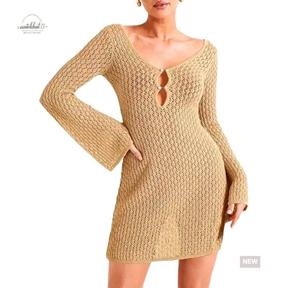 V-Neck Long Bell Sleeve Crochet Mesh Coverup Slim Fit Swimsuit Cover